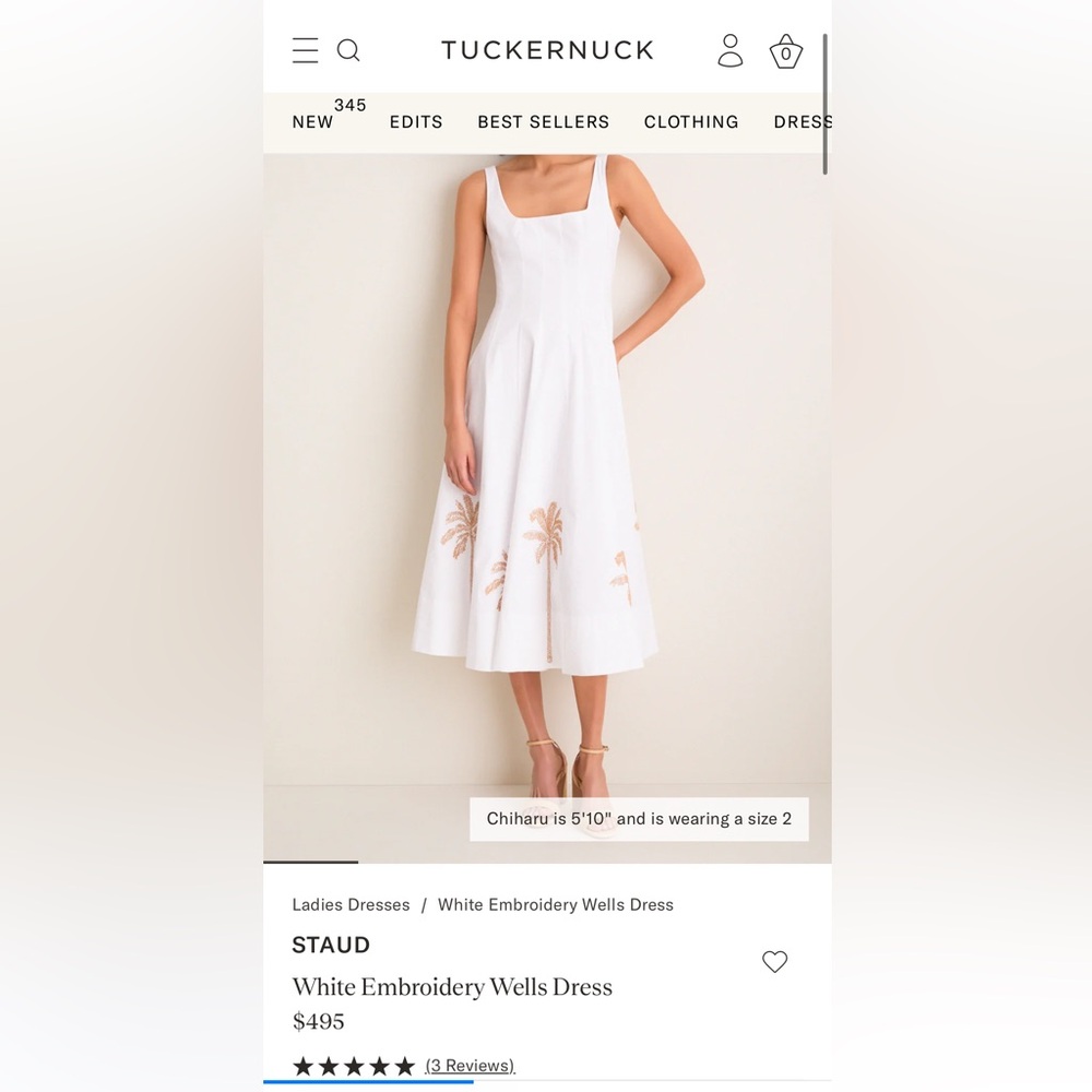 Staud Wells White Midi Dress with Gold Palm Embroidery